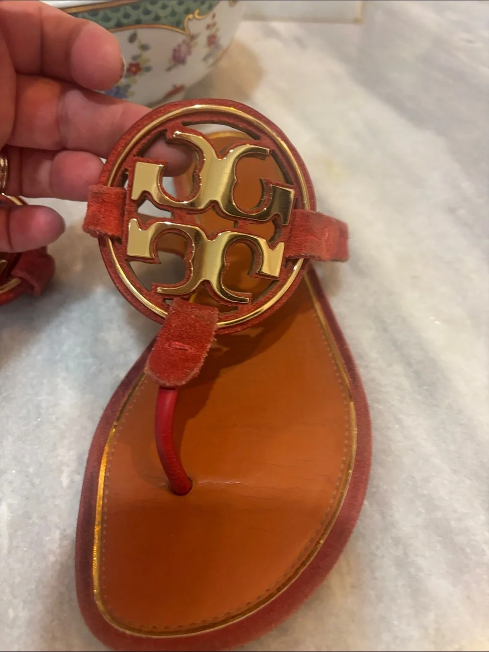 Tory Burch Red Suede Logo Thong Sandals with Gold Medallion